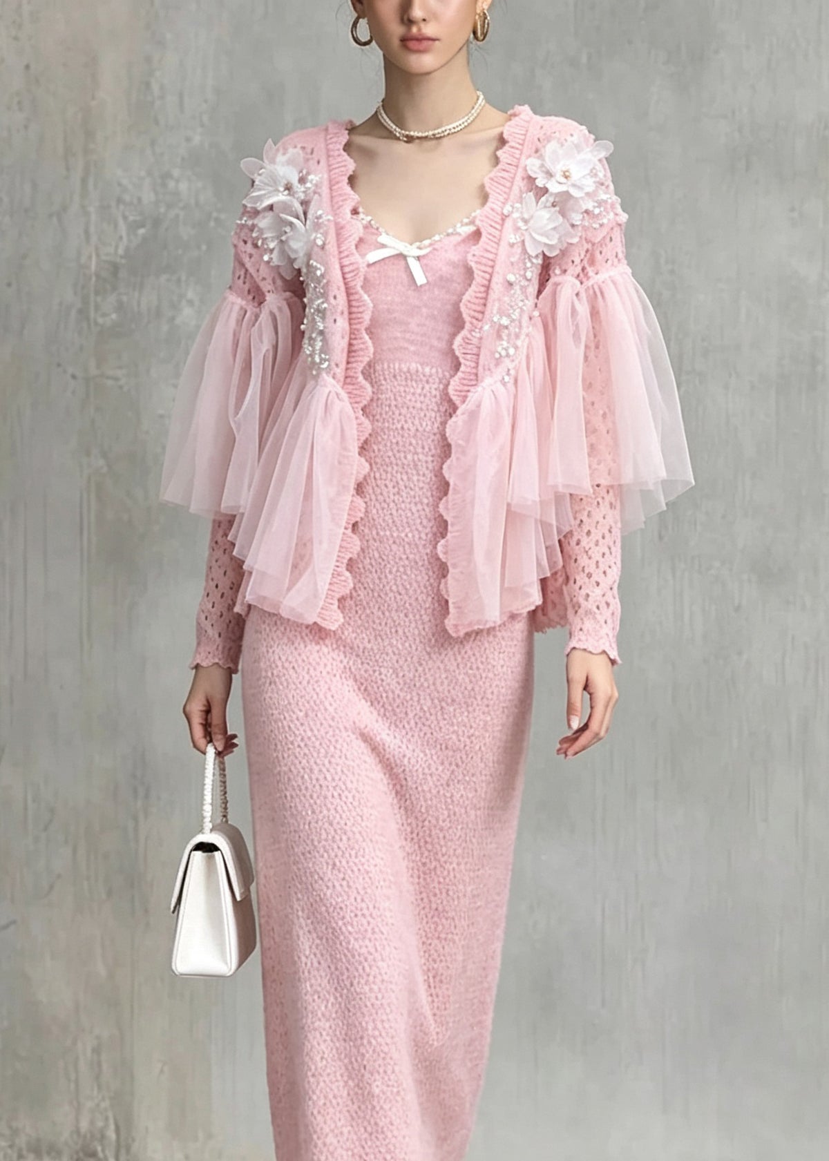 Beautiful Pink Tulle Ruffled Patchwork Nail Bead Knit Two Piece Set Fall