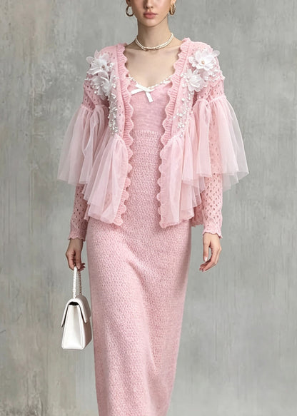 Beautiful Pink Tulle Ruffled Patchwork Nail Bead Knit Two Piece Set Fall