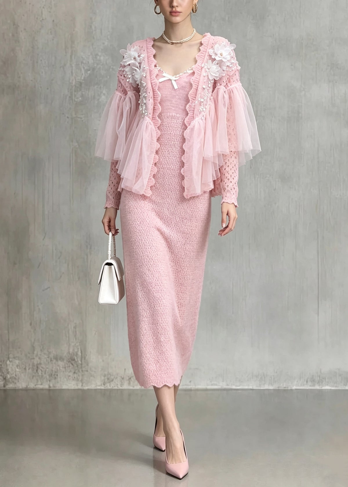 Beautiful Pink Tulle Ruffled Patchwork Nail Bead Knit Two Piece Set Fall