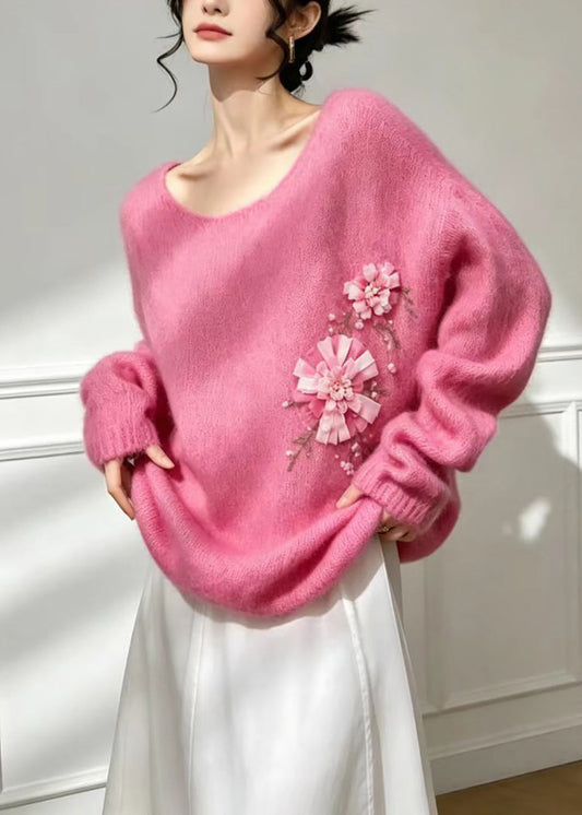 Beautiful Pink U Neck Nail Bead Floral Oversized Knitted Tops Fall