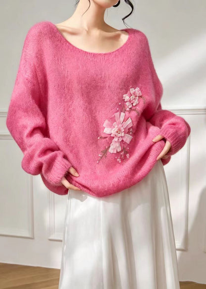 Beautiful Pink U Neck Nail Bead Floral Oversized Knitted Tops Fall