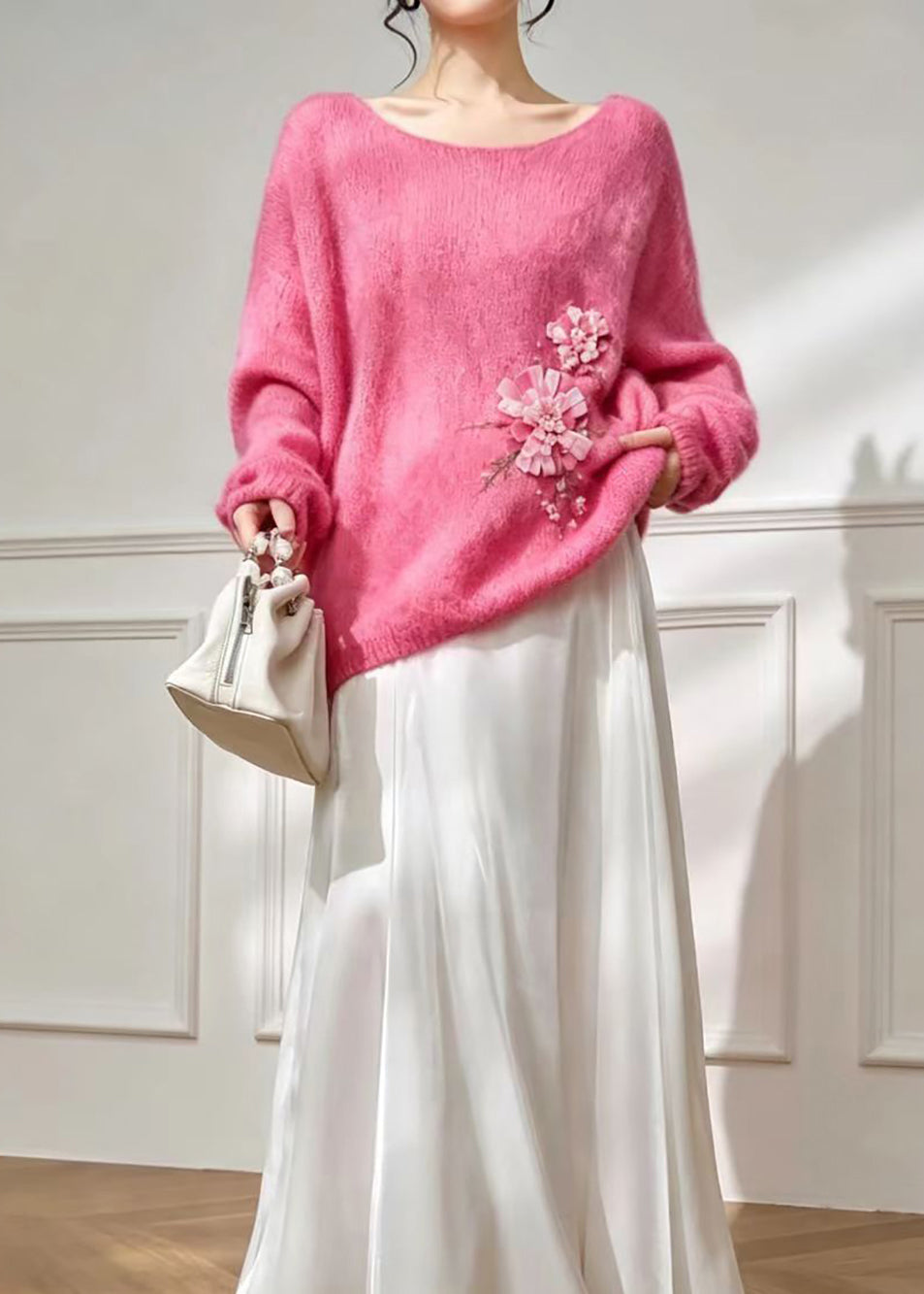 Beautiful Pink U Neck Nail Bead Floral Oversized Knitted Tops Fall