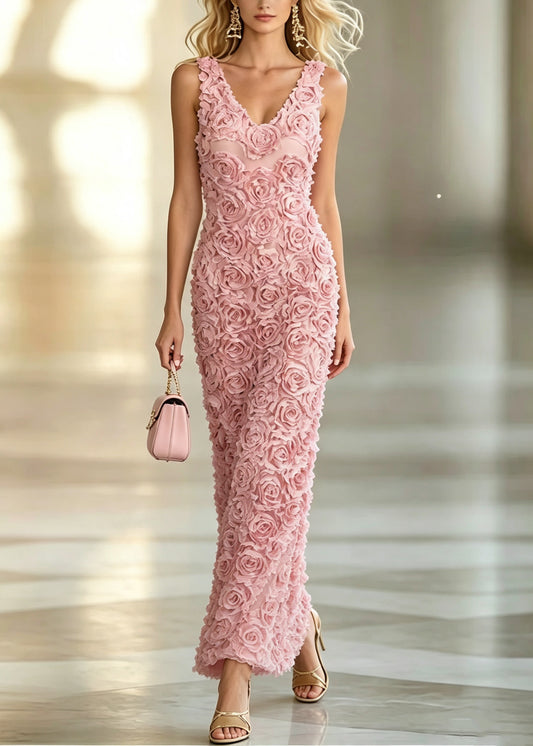 Beautiful Pink V Neck Floral Dinner Dress Summer