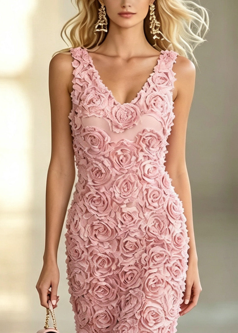 Beautiful Pink V Neck Floral Dinner Dress Summer