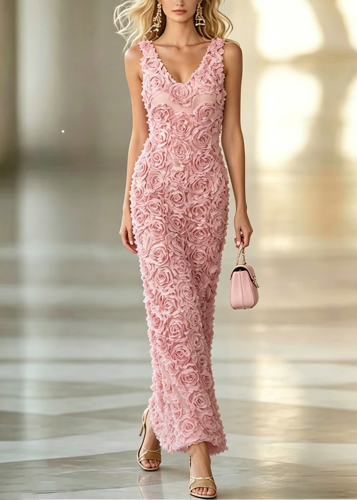 Beautiful Pink V Neck Floral Dinner Dress Summer