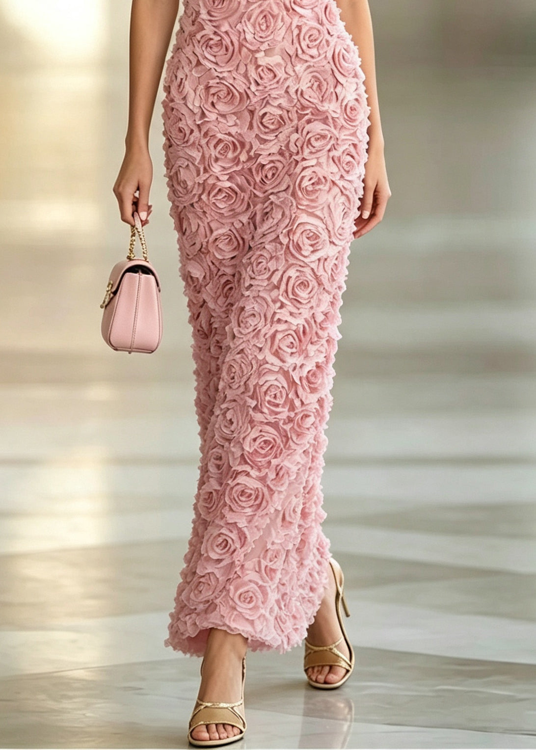 Beautiful Pink V Neck Floral Dinner Dress Summer