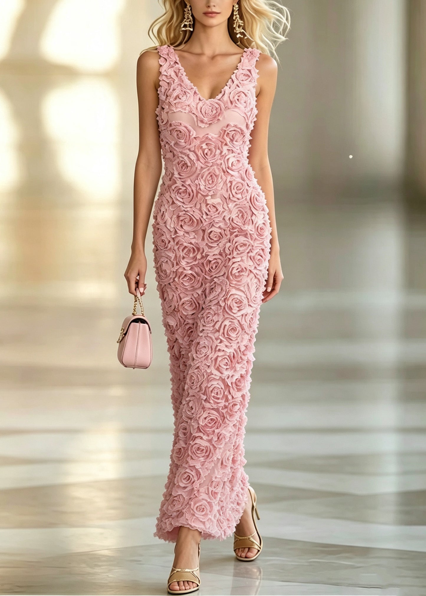 Beautiful Pink V Neck Floral Dinner Dress Summer