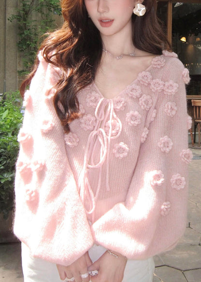 Beautiful Pink V Neck Floral Lace Up Knit Short Sweater Fall