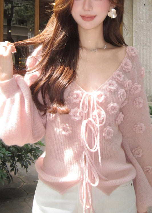 Beautiful Pink V Neck Floral Lace Up Knit Short Sweater Fall
