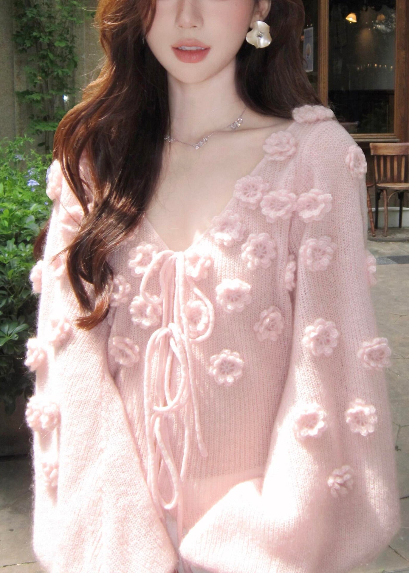 Beautiful Pink V Neck Floral Lace Up Knit Short Sweater Fall