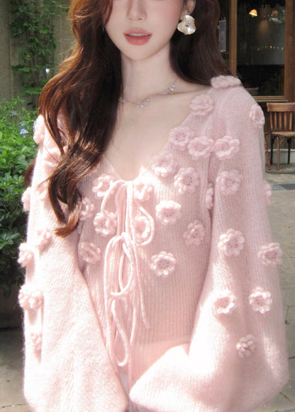 Beautiful Pink V Neck Floral Lace Up Knit Short Sweater Fall