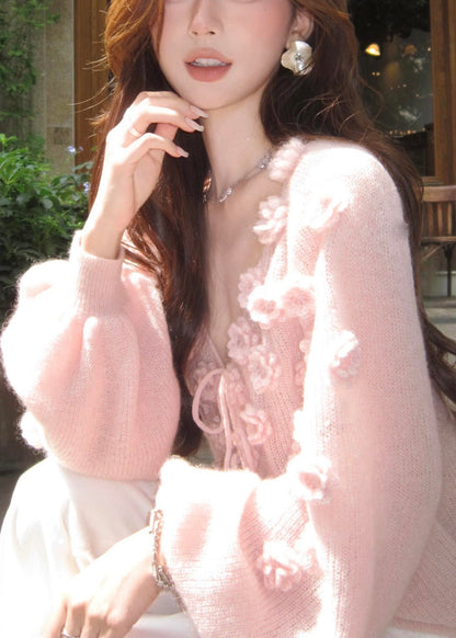 Beautiful Pink V Neck Floral Lace Up Knit Short Sweater Fall