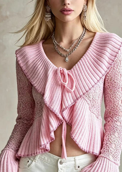 Beautiful Pink V Neck Patchwork Knit Sweaters Flare Sleeve