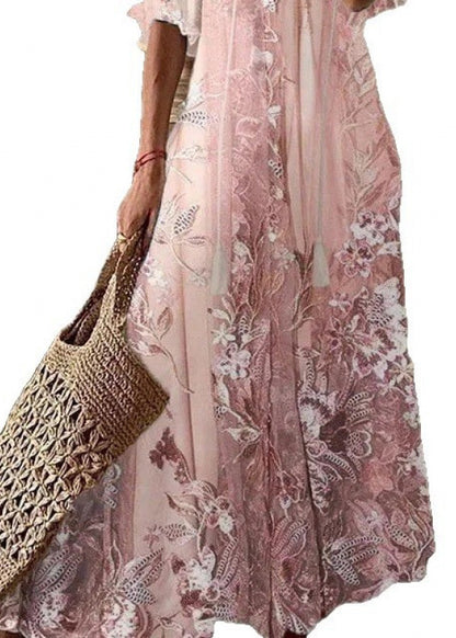 Beautiful Pink V Neck Print Chiffon Maxi Dresses Summer