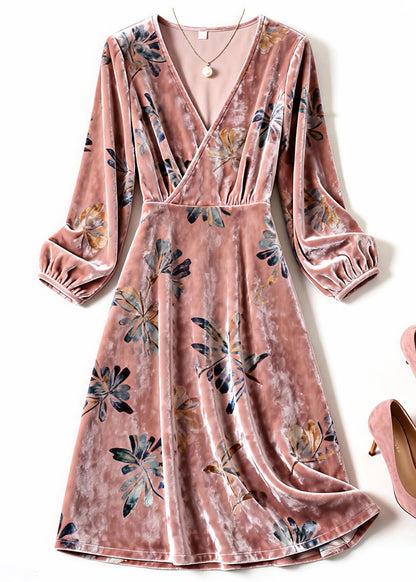 Beautiful Pink V Neck Print Silk Velvet Dresses Spring