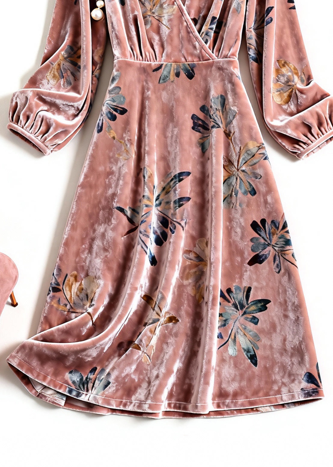 Beautiful Pink V Neck Print Silk Velvet Dresses Spring