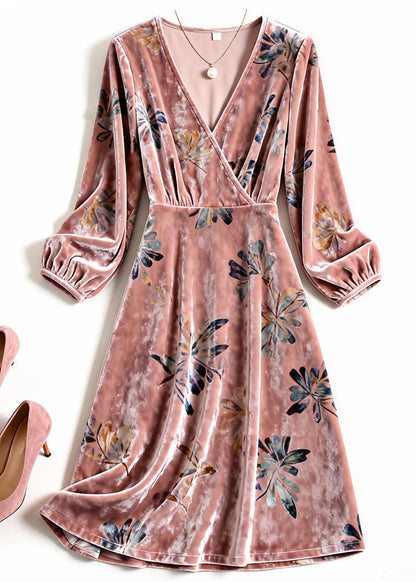 Beautiful Pink V Neck Print Silk Velvet Dresses Spring
