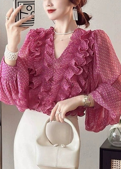 Beautiful Pink V Neck Ruffled Print Chiffon Shirt Spring