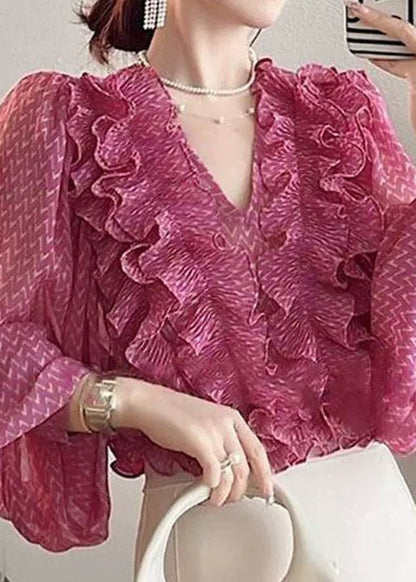 Beautiful Pink V Neck Ruffled Print Chiffon Shirt Spring