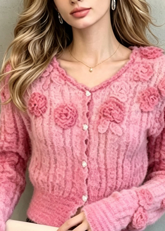 Beautiful Pink V Neck Sculptural Floral Knit Cardigan Fall