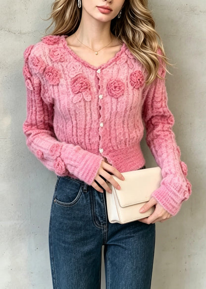 Beautiful Pink V Neck Sculptural Floral Knit Cardigan Fall