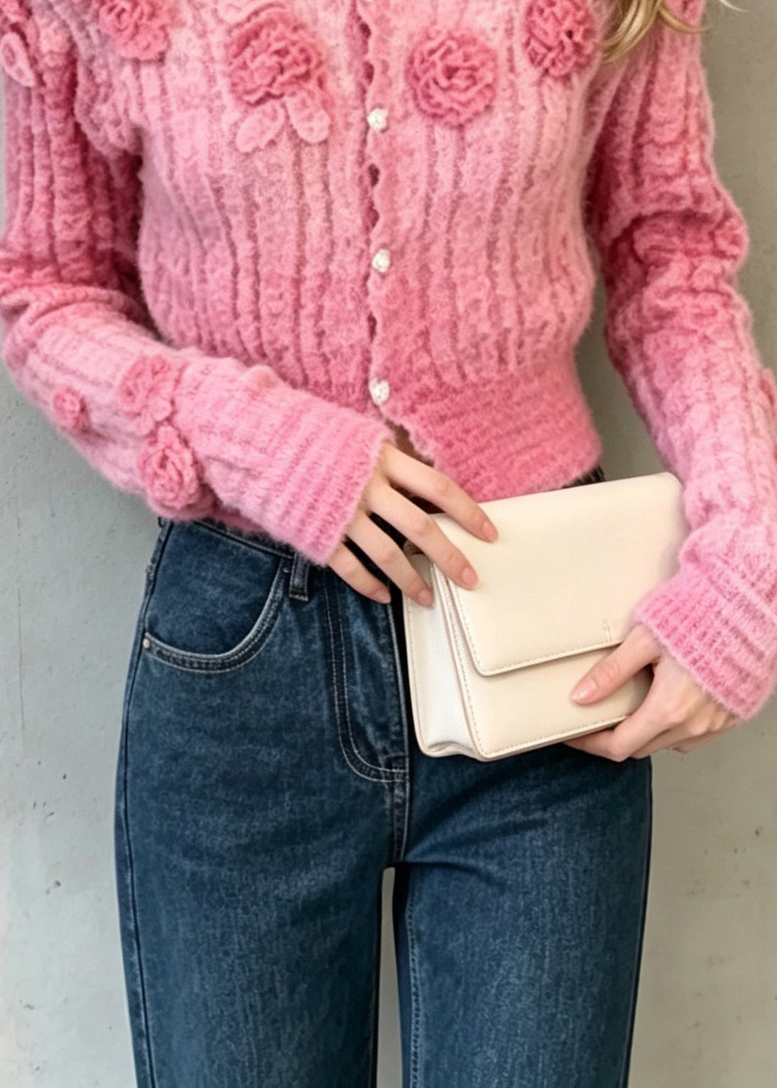 Beautiful Pink V Neck Sculptural Floral Knit Cardigan Fall