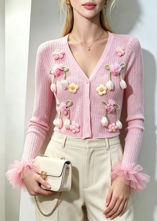 Beautiful Pink V Neck Sculptural Floral Tulle Cuffs Knit Cardigan Fall