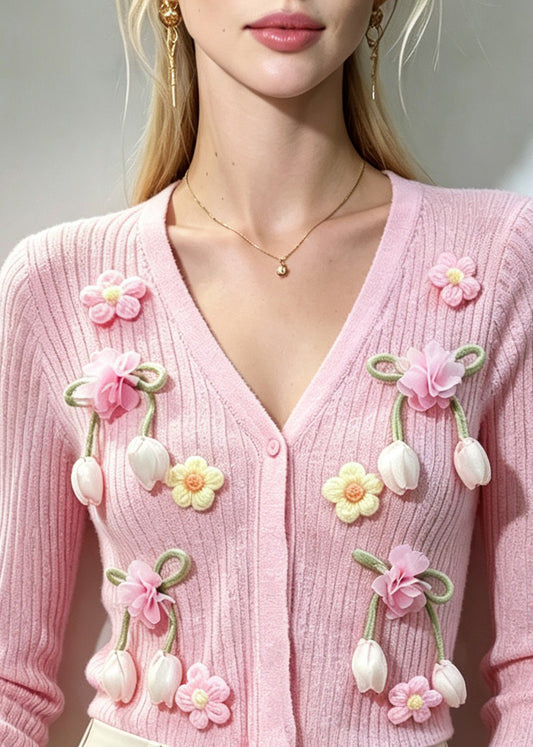 Beautiful Pink V Neck Sculptural Floral Tulle Cuffs Knit Cardigan Fall