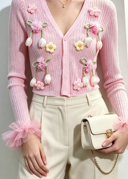 Beautiful Pink V Neck Sculptural Floral Tulle Cuffs Knit Cardigan Fall