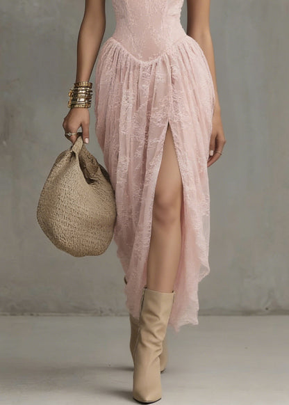Beautiful Pink V Neck Side Open Lace Spaghetti Strap Dress Sleeveless