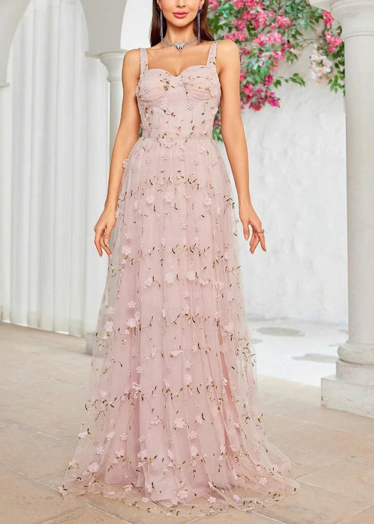 Beautiful Pink Zippered Backless Tulle Spaghetti Strap Dress Sleeveless