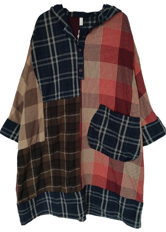 Beautiful Plaid Patchwork hooded Cotton Linen Holiday Dress Summer - SooLinen