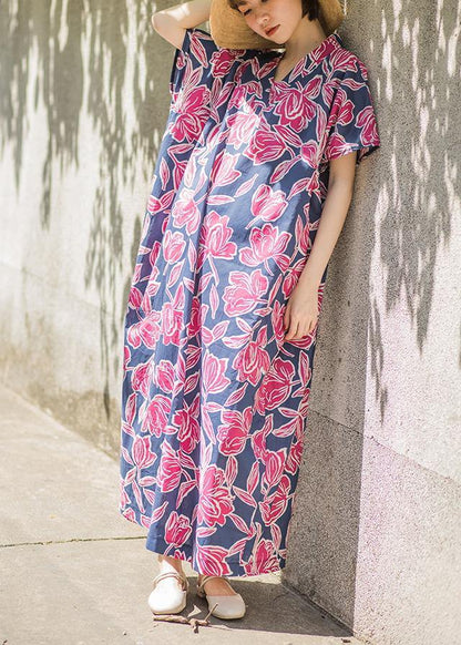 Beautiful Pink Print Summer Cotton Dress Batwing Sleeve Maxi Dress - SooLinen