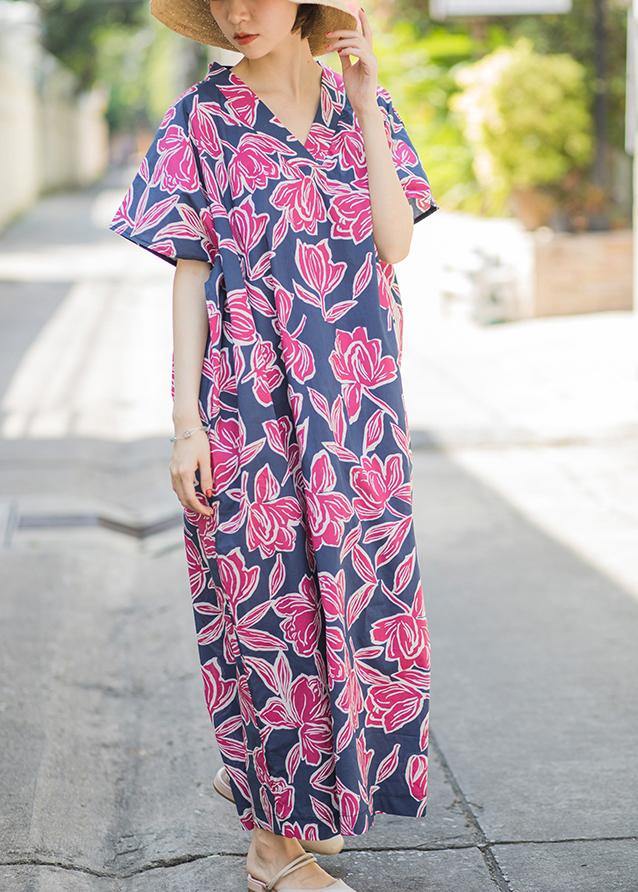 Beautiful Pink Print Summer Cotton Dress Batwing Sleeve Maxi Dress - SooLinen