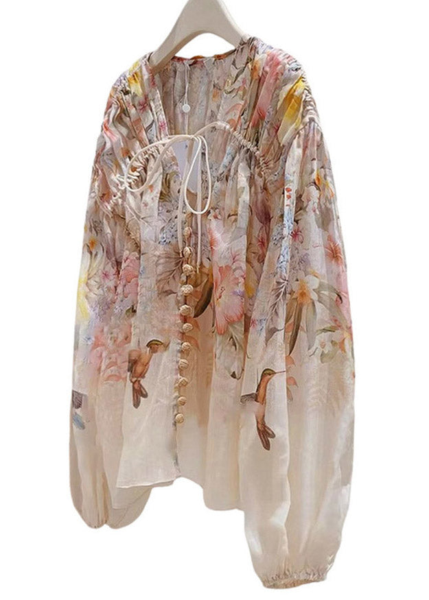 Beautiful Print Wrinkled Tie Linen Shirts Spring