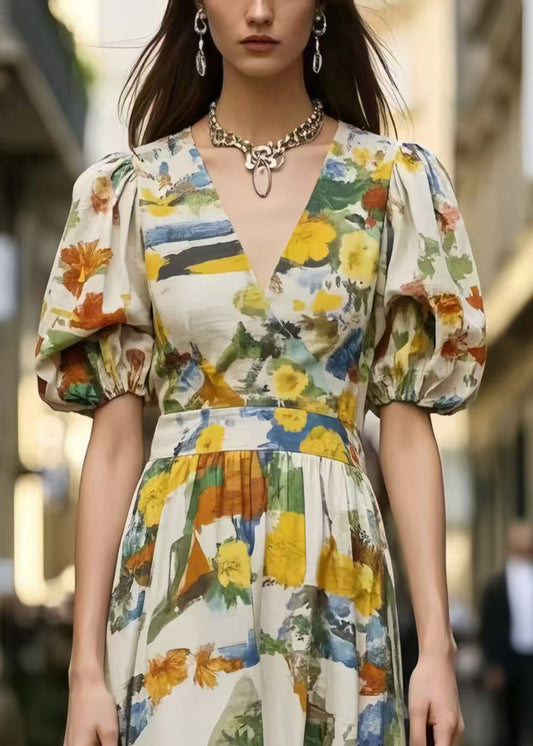 Beautiful Puff Sleeve Print Cotton Mini Dress Summer