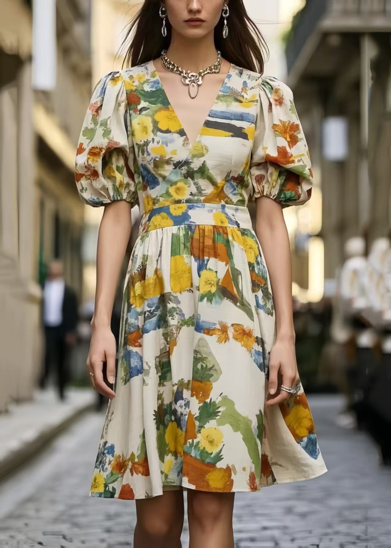 Beautiful Puff Sleeve Print Cotton Mini Dress Summer