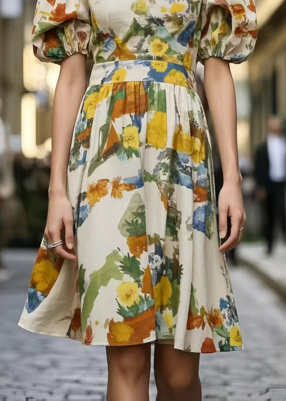 Beautiful Puff Sleeve Print Cotton Mini Dress Summer