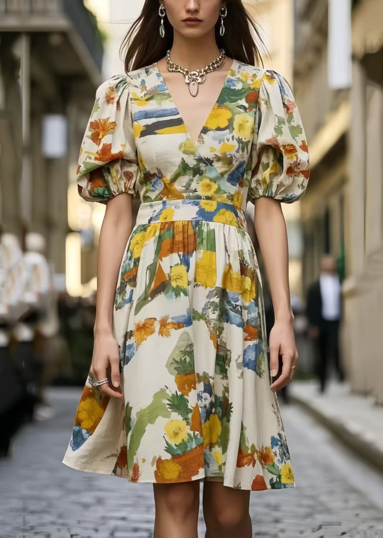 Beautiful Puff Sleeve Print Cotton Mini Dress Summer