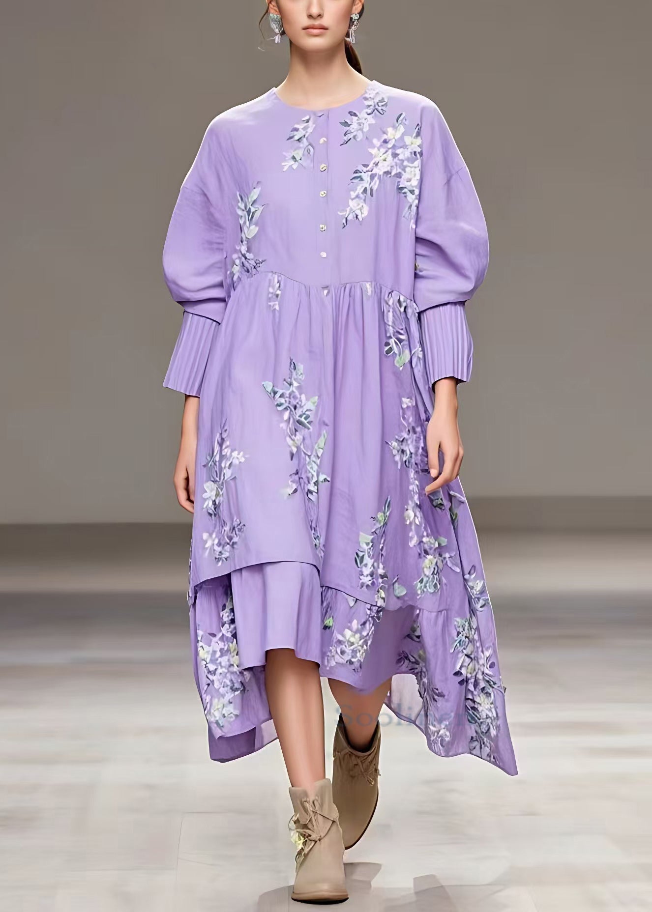 Beautiful Purple Button Print Cotton Long Dresses Fall