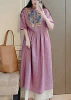 Beautiful Purple Button Print Pockets Cotton Dresses Summer