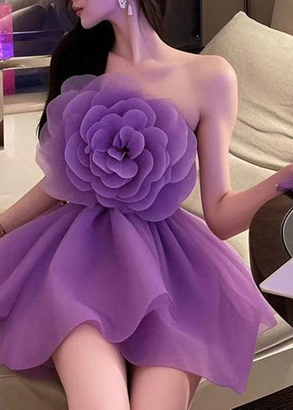 Beautiful Purple Cold Shoulder Floral Tulle Mid Dresses Summer