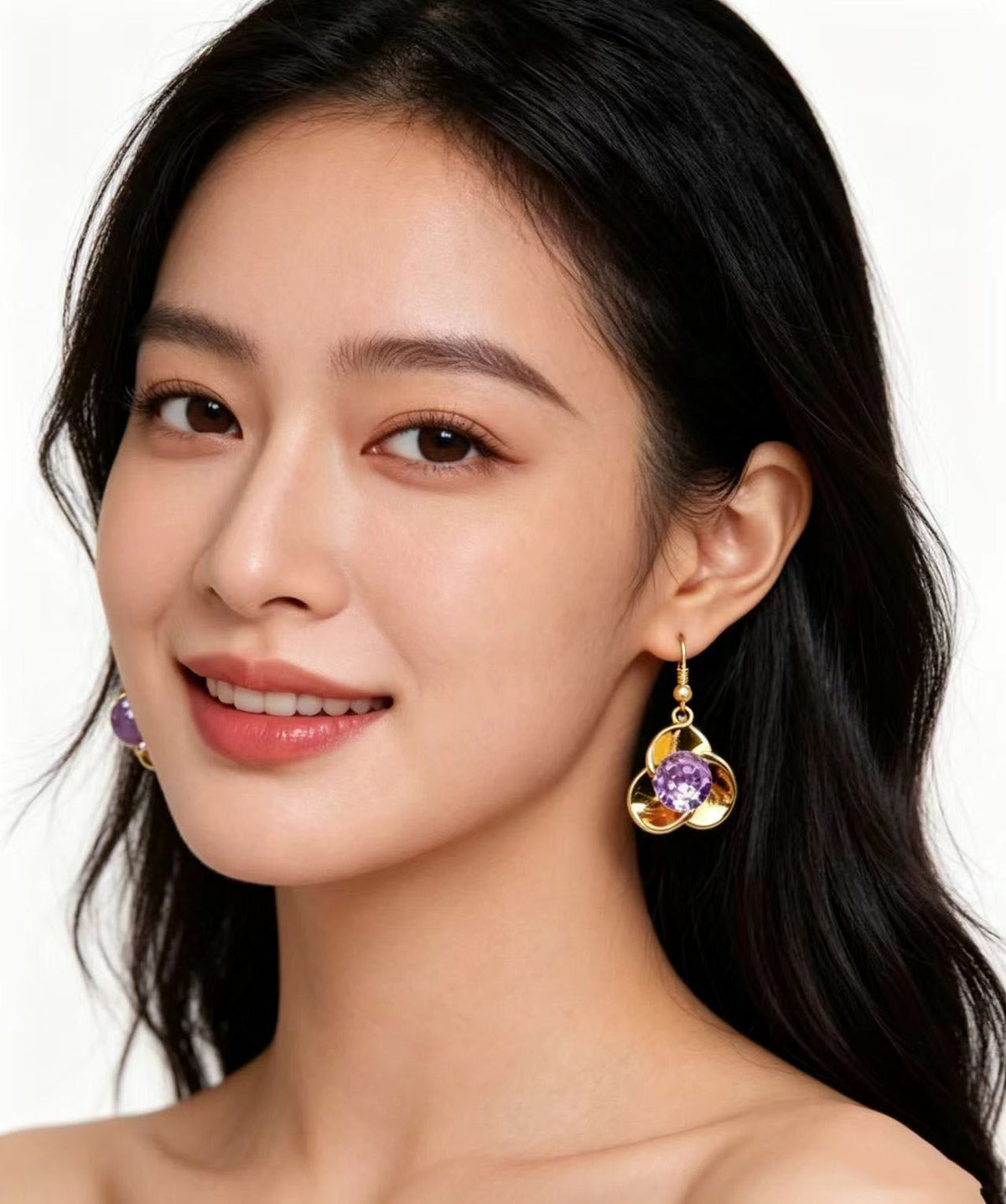 Beautiful Purple Flower Metal Drop Earrings