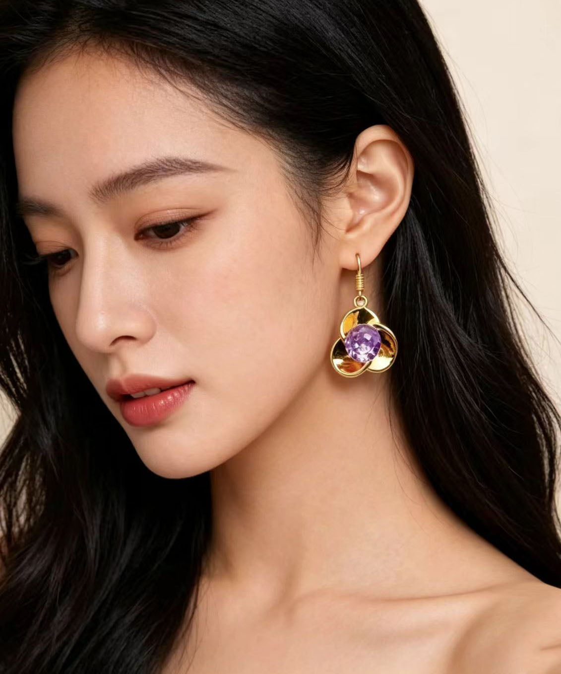 Beautiful Purple Flower Metal Drop Earrings