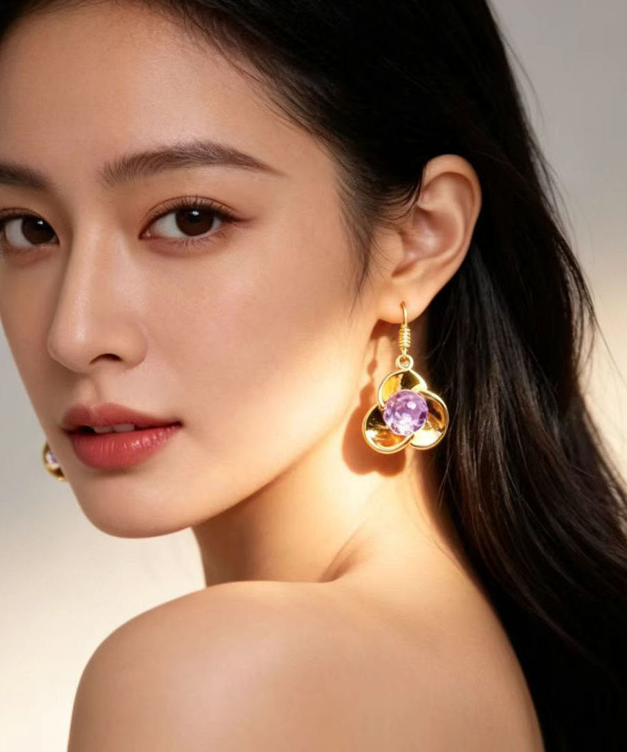 Beautiful Purple Flower Metal Drop Earrings