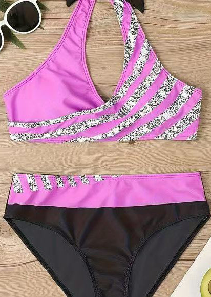Beautiful Purple Halter Patchwork Swimwear Set