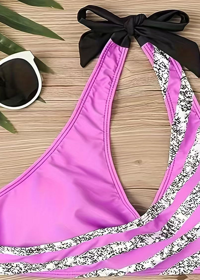 Beautiful Purple Halter Patchwork Swimwear Set