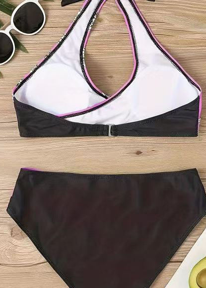 Beautiful Purple Halter Patchwork Swimwear Set