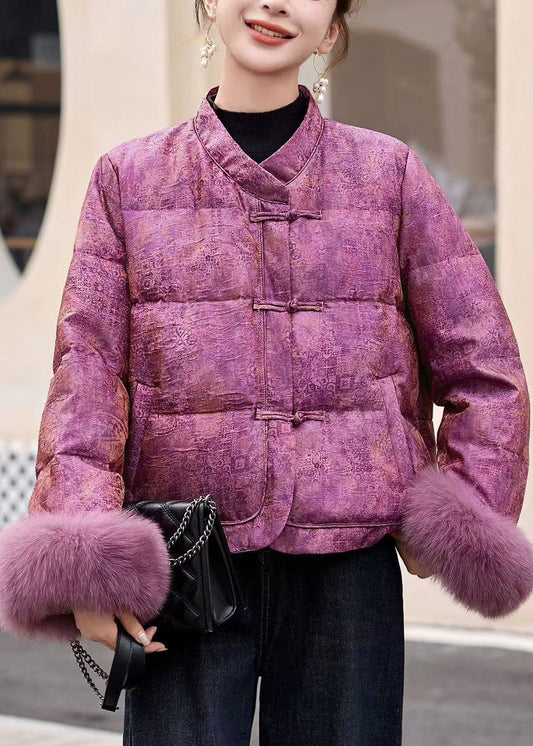 Beautiful Purple Jacquard Patchwork Fox Fur Duck Down Jackets Winter