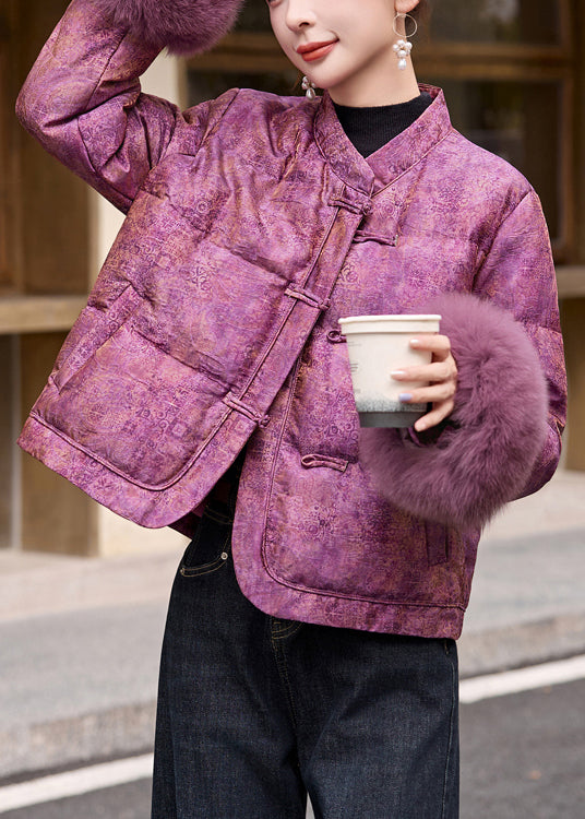 Beautiful Purple Jacquard Patchwork Fox Fur Duck Down Jackets Winter